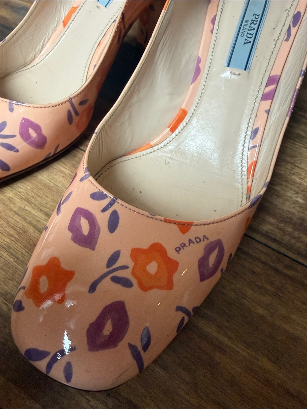 Prada Peach Floral Block Heel Pumps sz 39 - Picture 9 of 12